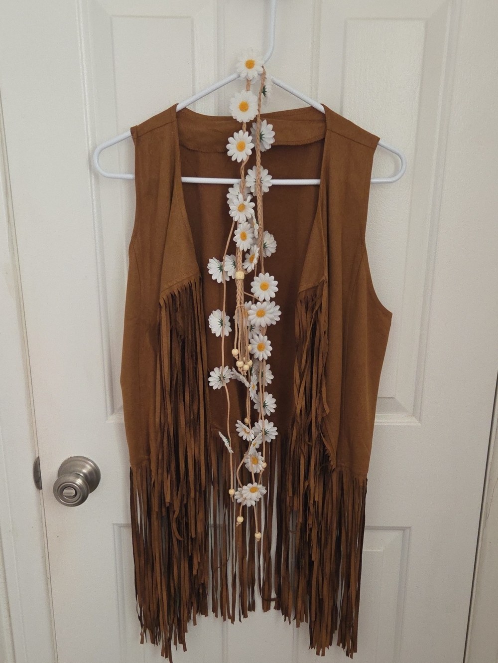 Womens Brown Fringe Vest Costume with Flower Headband 60s costume medium